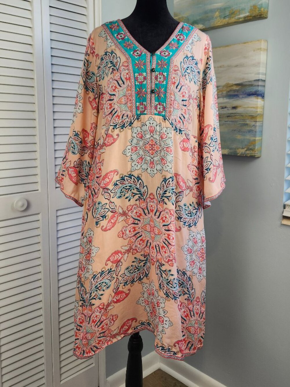 Journal Embroidered Kaftan Dress 10 or M Pink Turquoise Floral Boho Resortwear